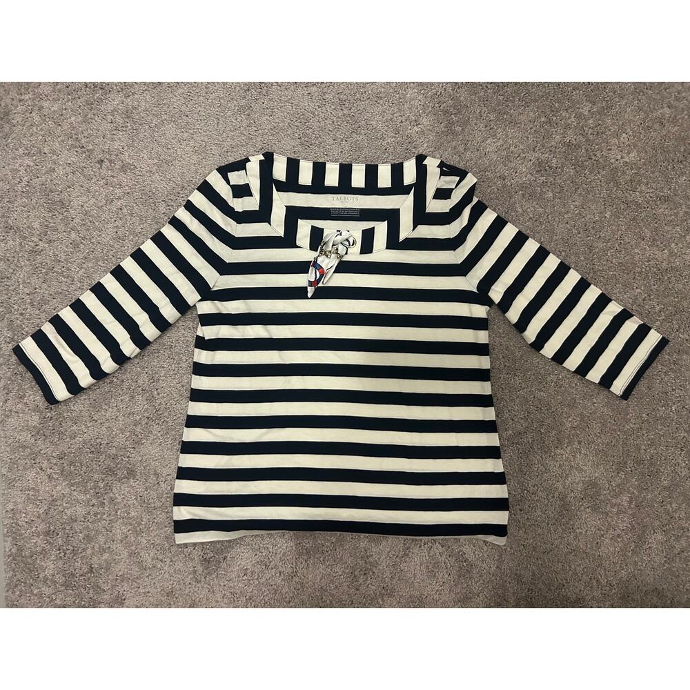 TALBOTS Striped white and  blue long sleeve top boatneck tee scarf petite large
